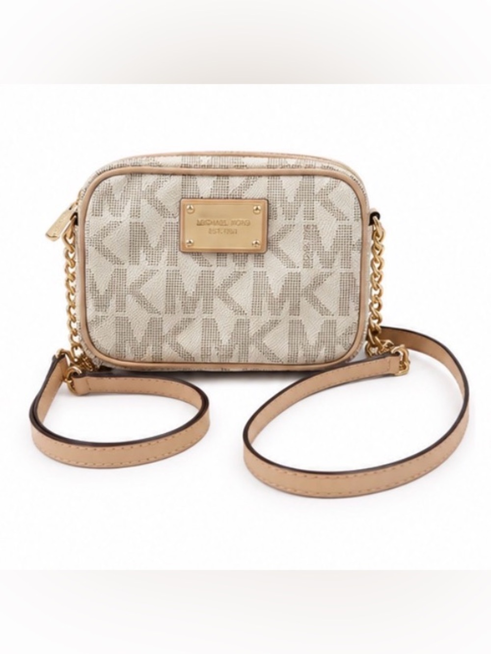 Michael Kors Embossed MK Logo Crossbody in Cream and Tan